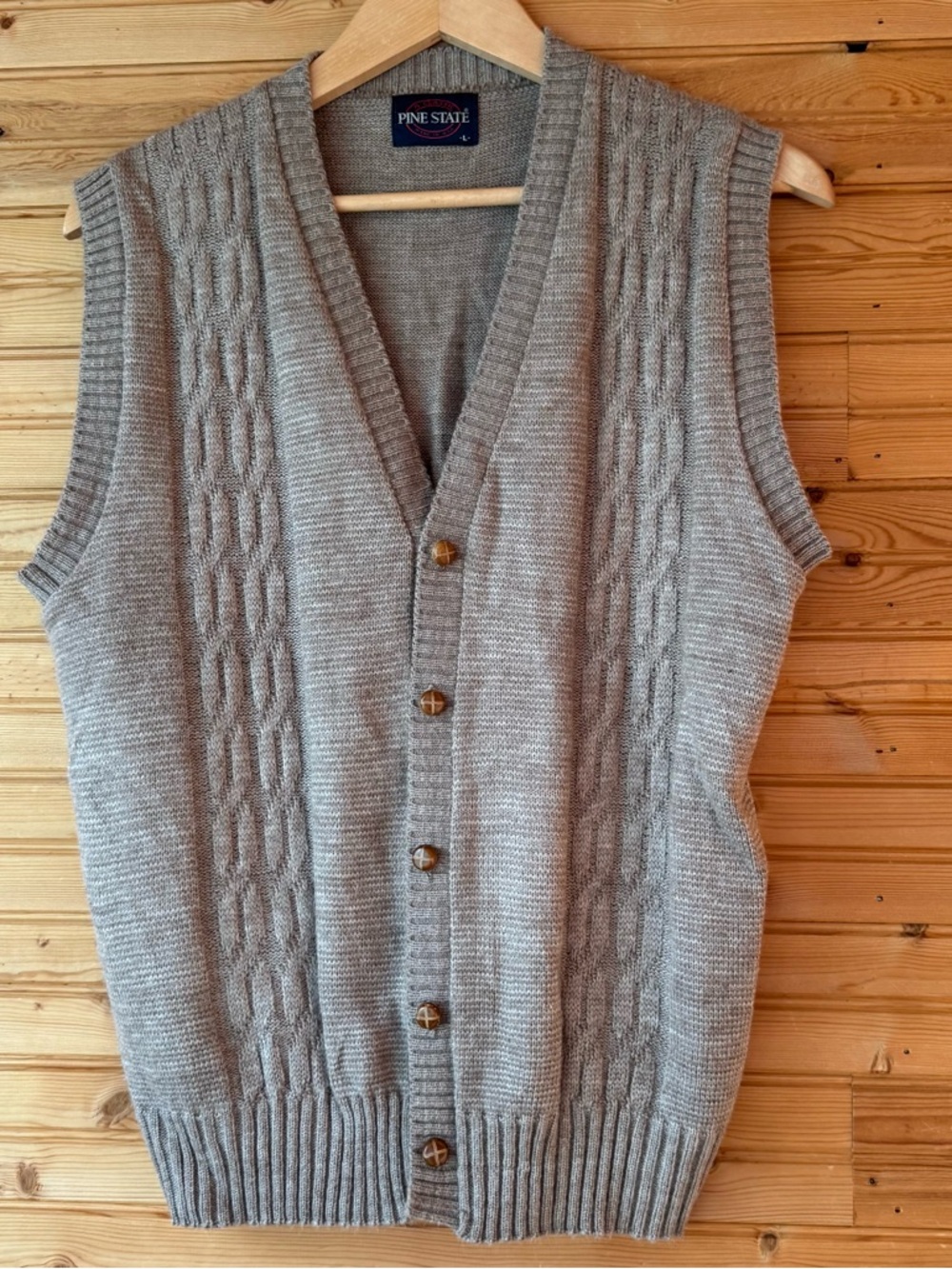 70s VTG Sweater Vest Cable Knit Gray, Buttons Pine State Grandpa Academia Large
